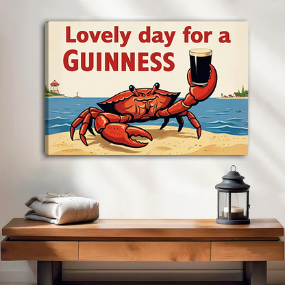 Woman holding framed Guinness crab canvas wall art with red vintage-style lettering and a blue seaside background.