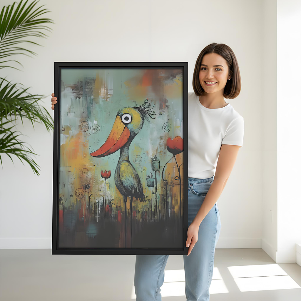 Woman holding large whimsical big beak bird framed art print, size reference for colorful wall decor