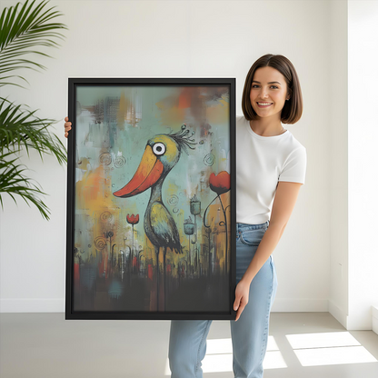 Woman holding large whimsical big beak bird framed art print, size reference for colorful wall decor