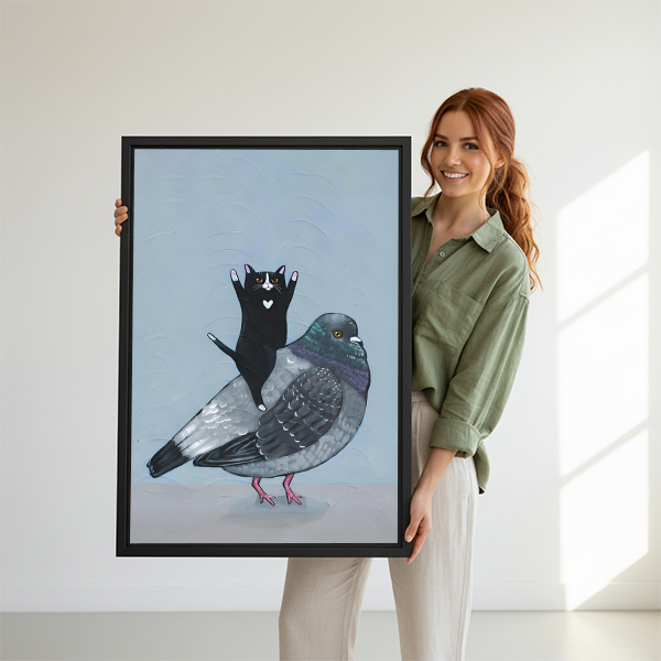 Woman Holding Funny Cat Riding Pigeon Framed Art Print