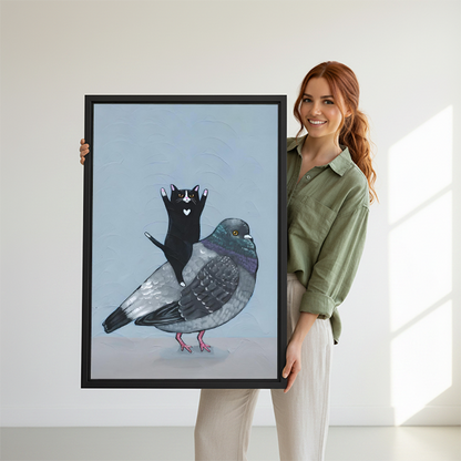 Woman Holding Funny Cat Riding Pigeon Framed Art Print