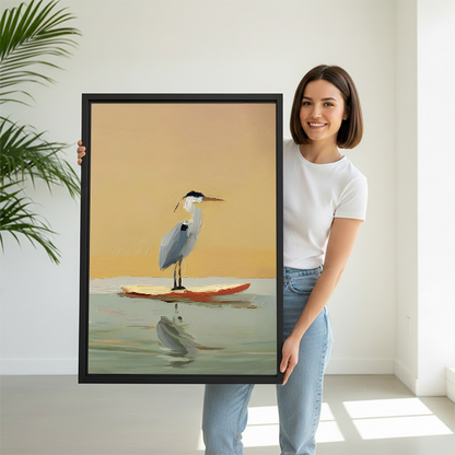Funny Heron Surfboard Sunset Framed Canvas Wall Art l2544