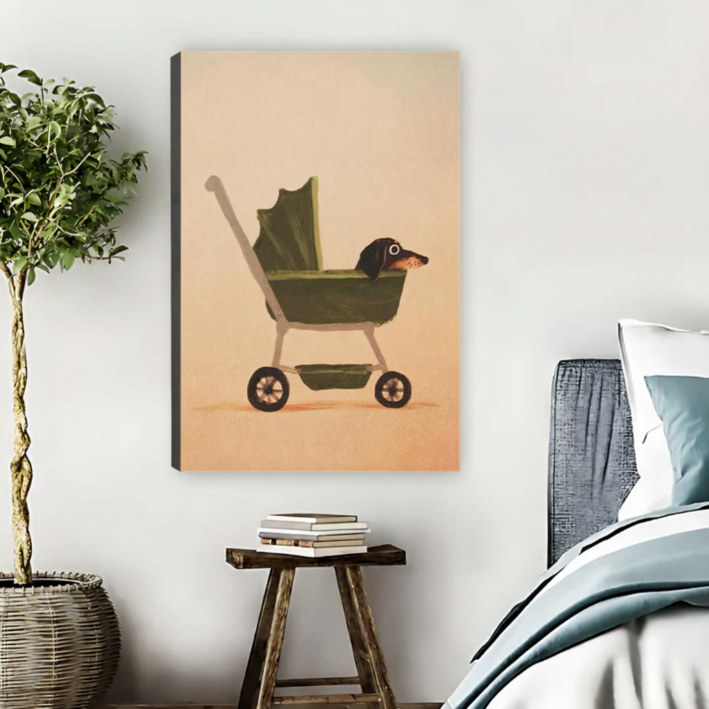 Dachshund in vintage stroller gallery wrap canvas art displayed on white wall beside bed with blue linen in modern bedroom