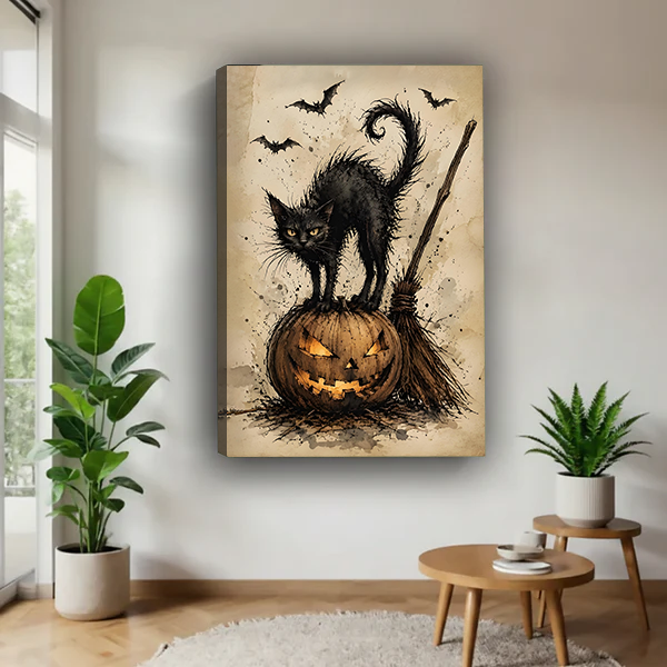 Woman holding black-framed black cat and pumpkin canvas wall art featuring an arched cat, bats, and a broom.