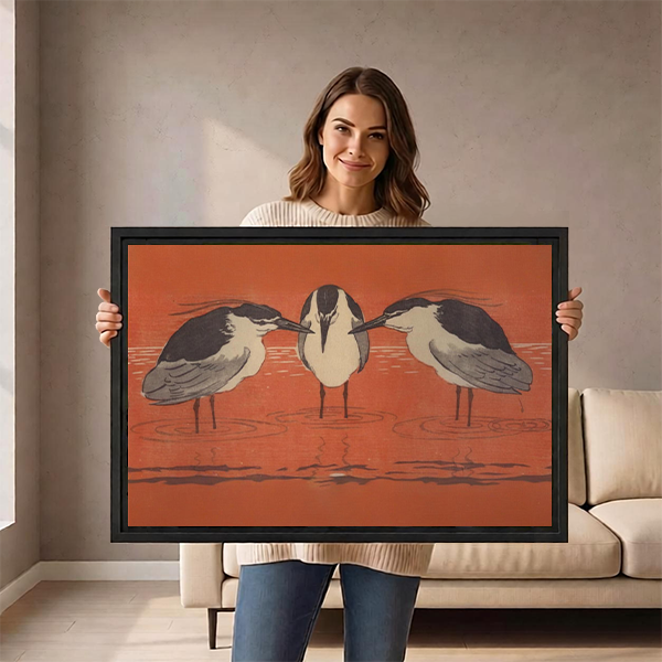 	Woman holding large framed Japanese woodblock three herons rust red wall art print size reference