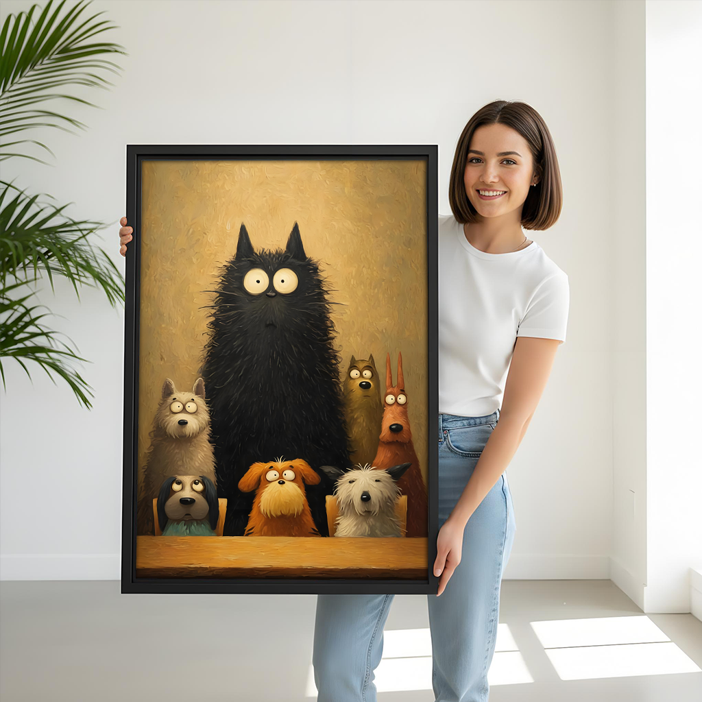 Woman holding large framed funny cat boss dogs vintage oil painting art print, eclectic home decor gift