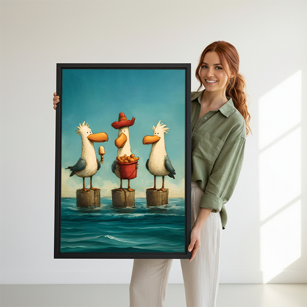 Woman holding funny seagulls beach framed canvas print large coastal wall art gift idea