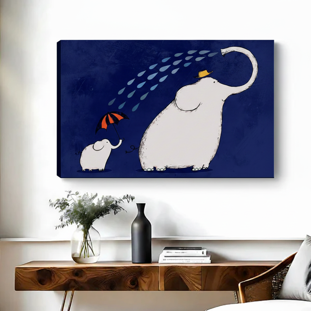 Cute elephant family mother spraying water baby with red umbrella funny navy blue illustration float frame canvas wall art above rustic wood console table with black vase and stacked books in contemporary living room