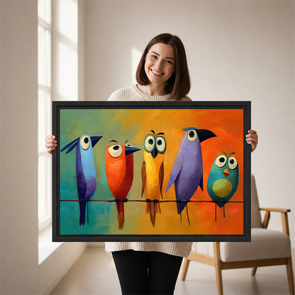 Colorful Cartoon Birds Framed Canvas Wall Art l2651