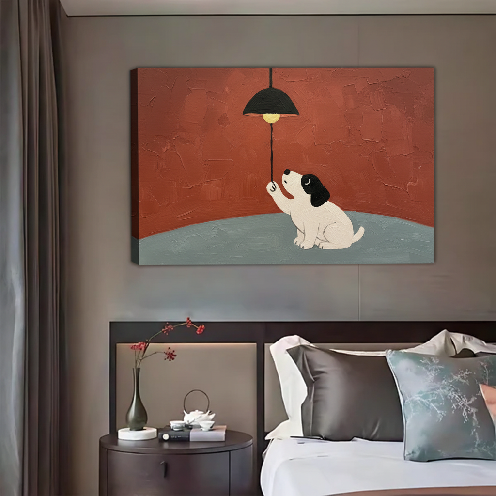 Whimsical Puppy Lamp Wall Print – Framed Modern Textured Art for Dog Lovers Home Decor