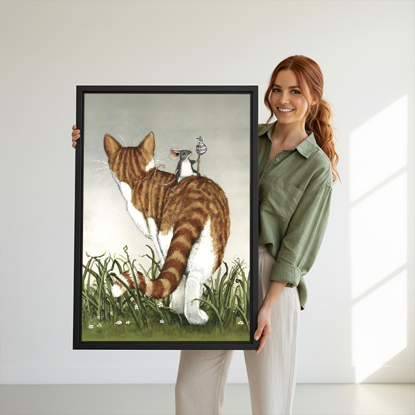 Woman holding a large framed cat and mouse art print, vintage illustrated animal wall art perfect as a unique home gift