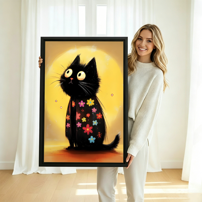 Smiling blonde woman in white sweater holding large floral black cat yellow moon whimsical cartoon framed canvas print with colorful flowers in bright studio with sheer white curtains