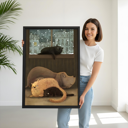 Woman holding large framed cozy winter cats dog snowy window art print, warm home decor gift