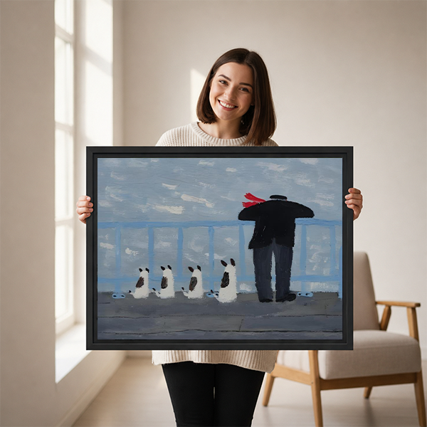 Woman holding oil painting style framed canvas art of a man in black and four dogs overlooking a misty grey seascape from a pier, size reference display
