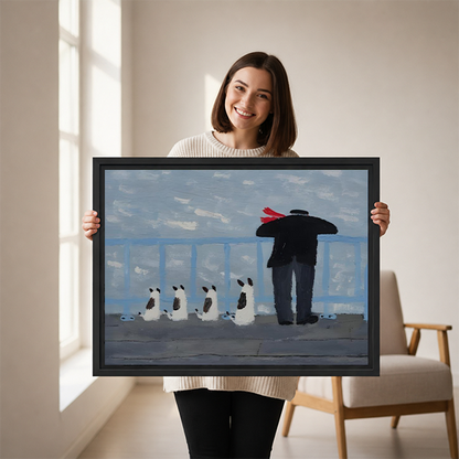 Woman holding oil painting style framed canvas art of a man in black and four dogs overlooking a misty grey seascape from a pier, size reference display