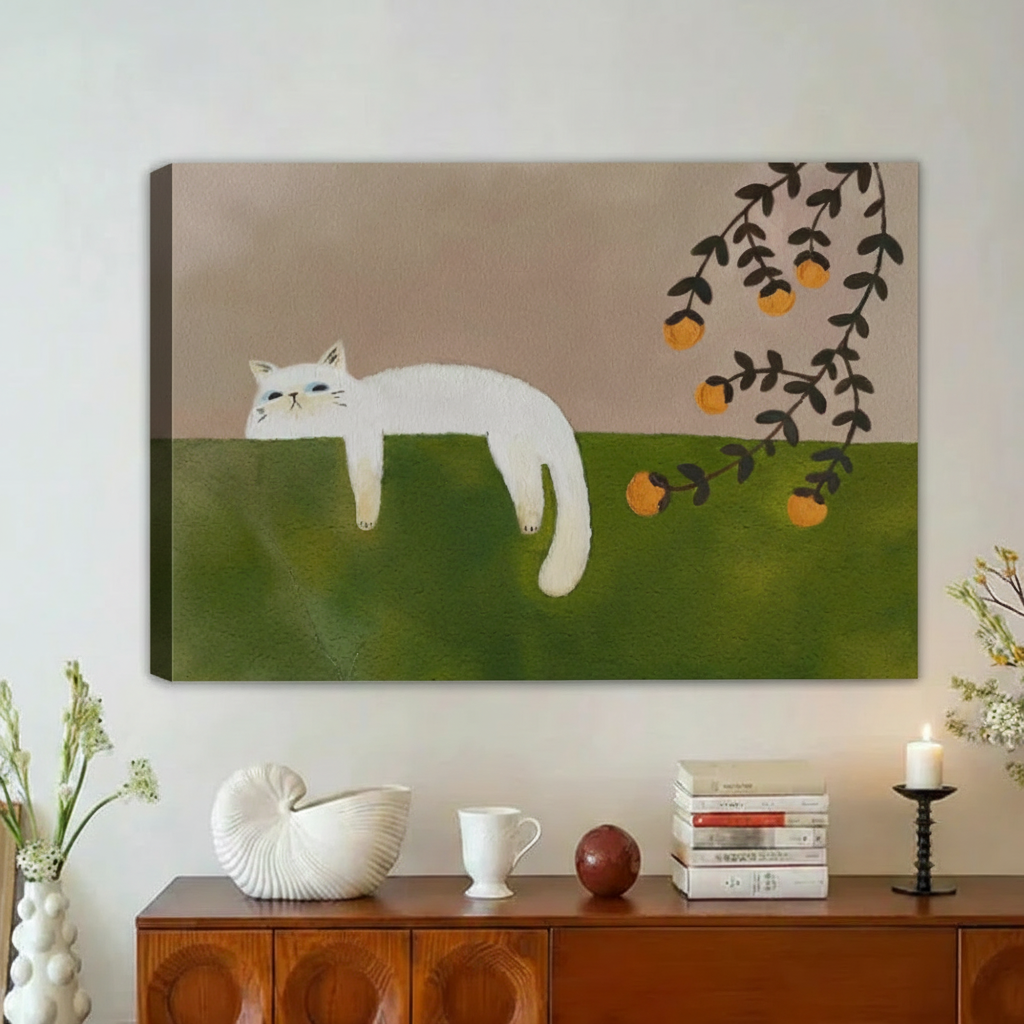 White Cat Minimalist Folk Art Unframed Canvas Wall Print – Frameless Display on Vintage Wooden Cabinet