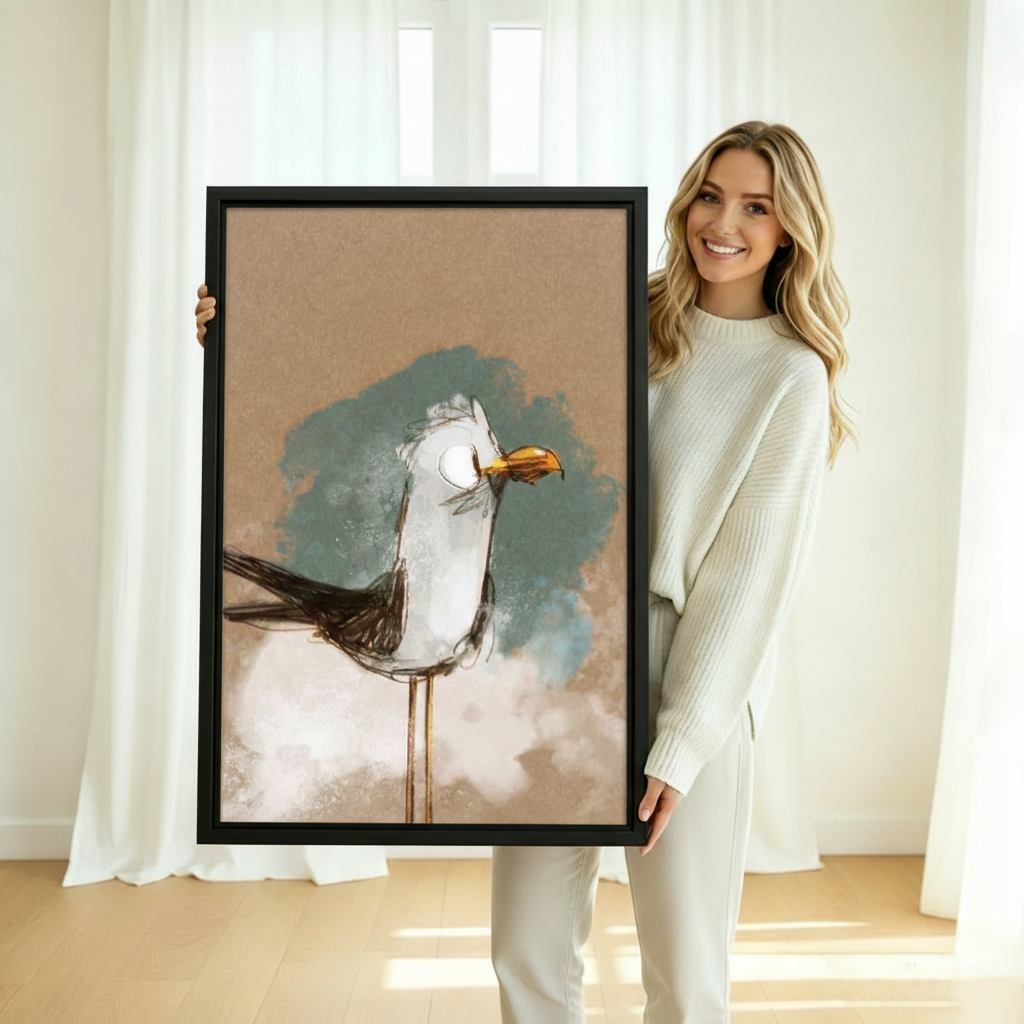 Woman holding large vintage seagull framed canvas wall art — coastal bird home decor print