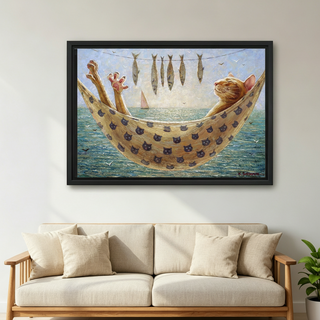 Whimsical orange cat hammock framed wall art above living room sofa — oil painting canvas print for coastal home