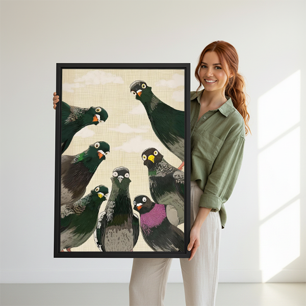 Woman holding funny pigeon flock framed canvas wall art print, Japanese ukiyo-e style