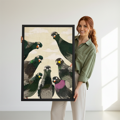 Woman holding funny pigeon flock framed canvas wall art print, Japanese ukiyo-e style