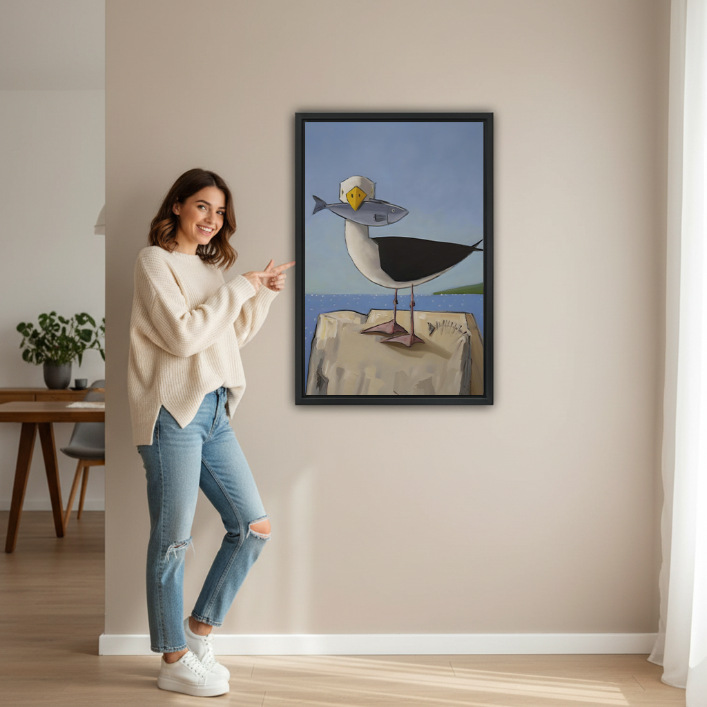 Quirky seagull fish hat wall art framed print - funny coastal bird canvas displayed in modern home