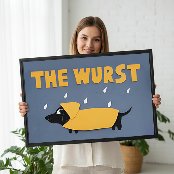 Woman holding The Wurst dachshund framed wall art print featuring black dog in yellow raincoat
