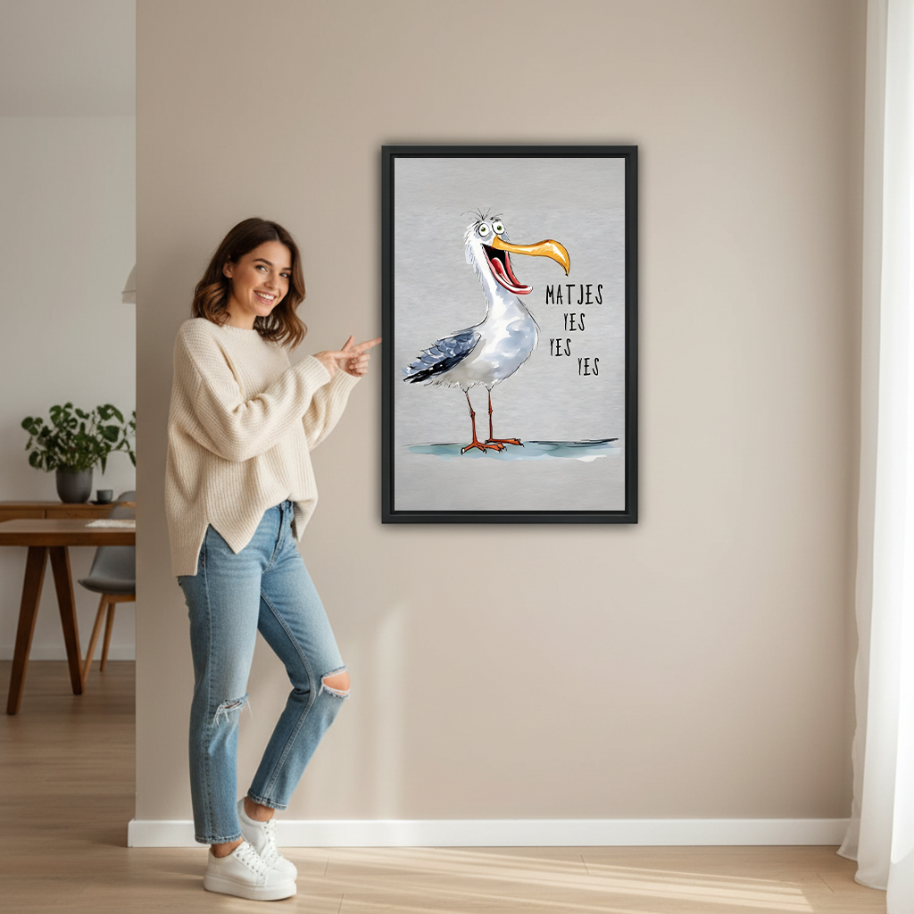 Funny seagull coastal wall art framed print displayed in modern living room - Matjes Yes Yes Yes