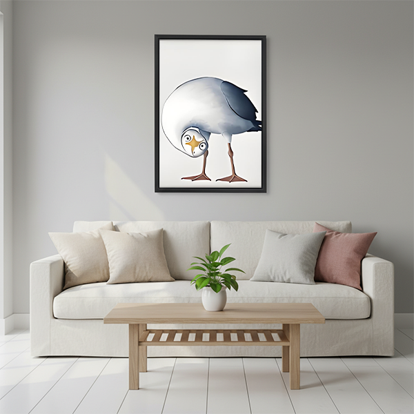 Confused seagull upside-down watercolor framed wall art hung above cream sofa with green plant on coffee table in minimalist living room