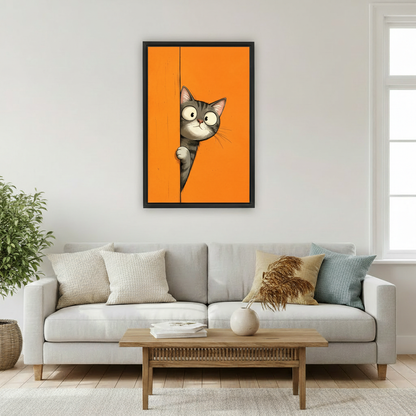Funny gray tabby cat framed wall art hanging in modern living room above sofa