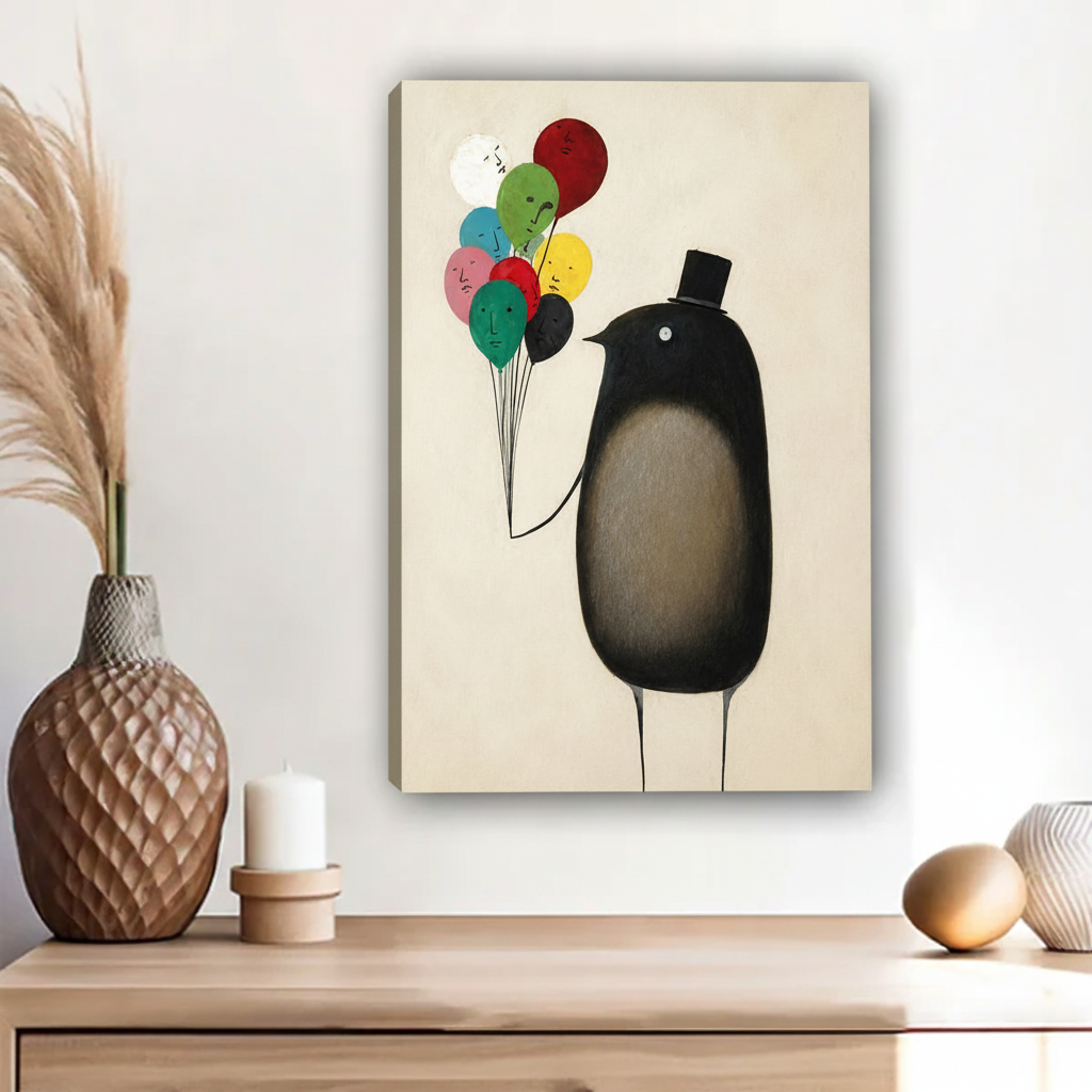 Dapper Bird with Top Hat and Colorful Balloons Framed Wall Art – Surrealist Print for Eclectic Home Decor