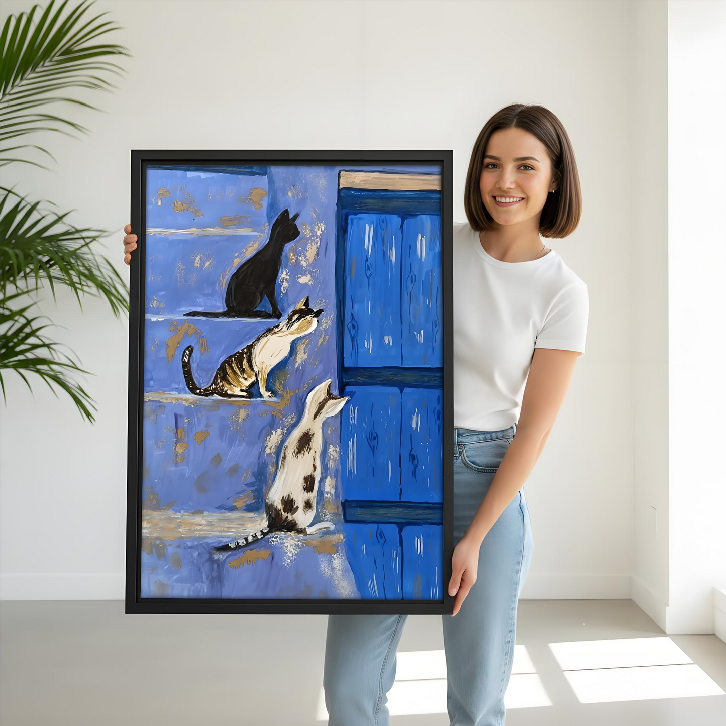 Mediterranean Cats Blue Door Framed Canvas Wall Art l2641
