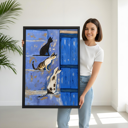 Mediterranean Cats Blue Door Framed Canvas Wall Art l2641