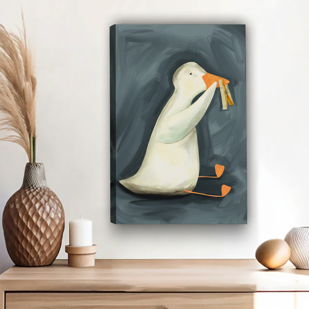 Whimsical Duck Clothespin Framed Poster – Modern Quirky Animal Wall Print for Minimalist Interiors