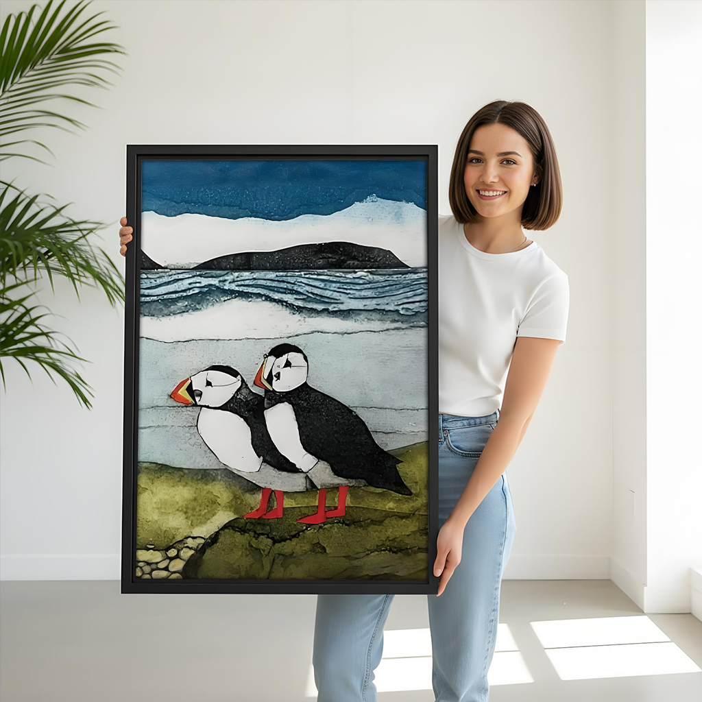 Woman Holding Puffin Pair Coastal Collage Framed Art Print Size Reference