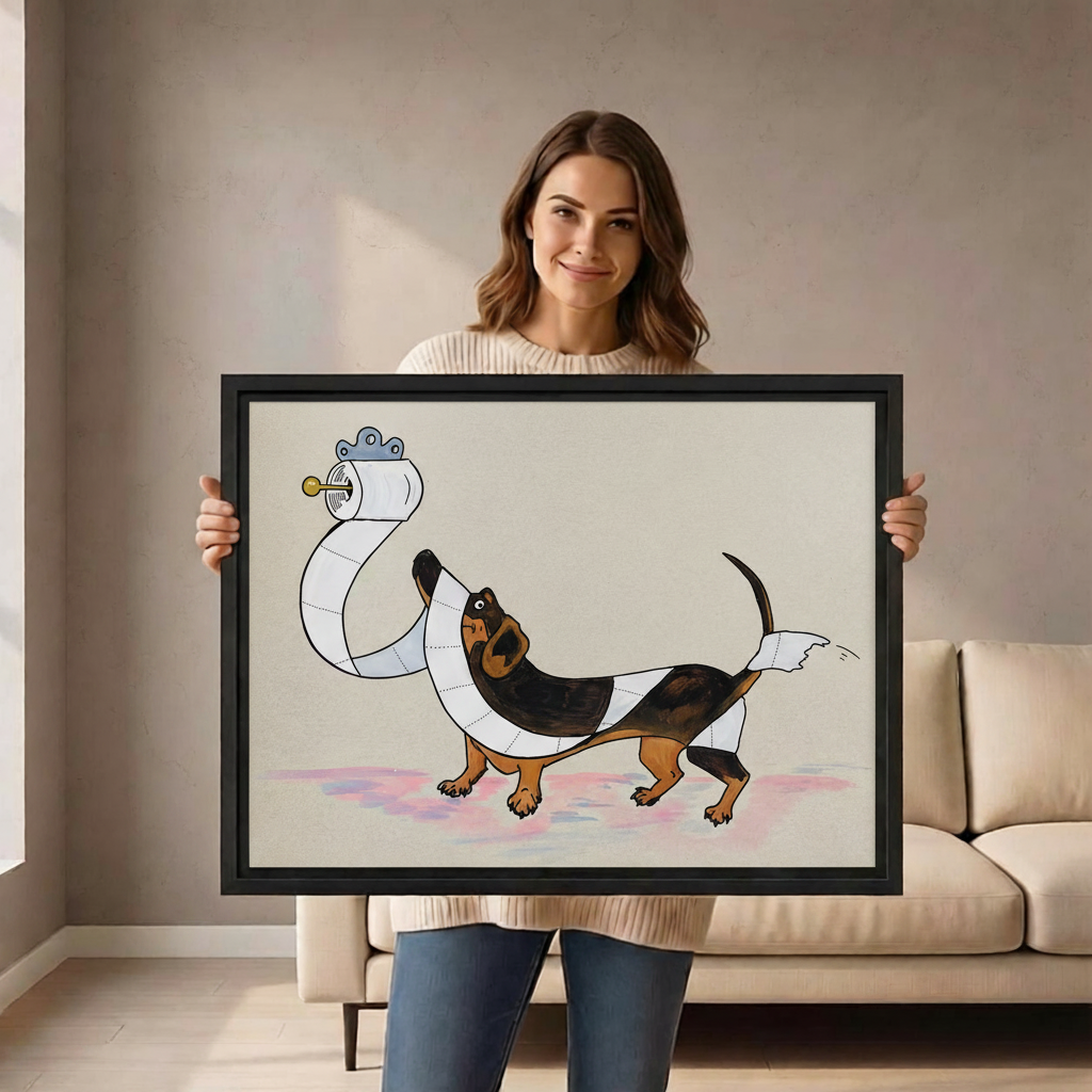 Woman holding funny dachshund canvas print whimsical dog wall art framed