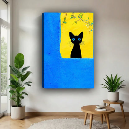 Black cat with blue eyes canvas wall art, frameless gallery wrap, vibrant blue yellow Mediterranean style, hung in a modern airy living space with tropical plants
