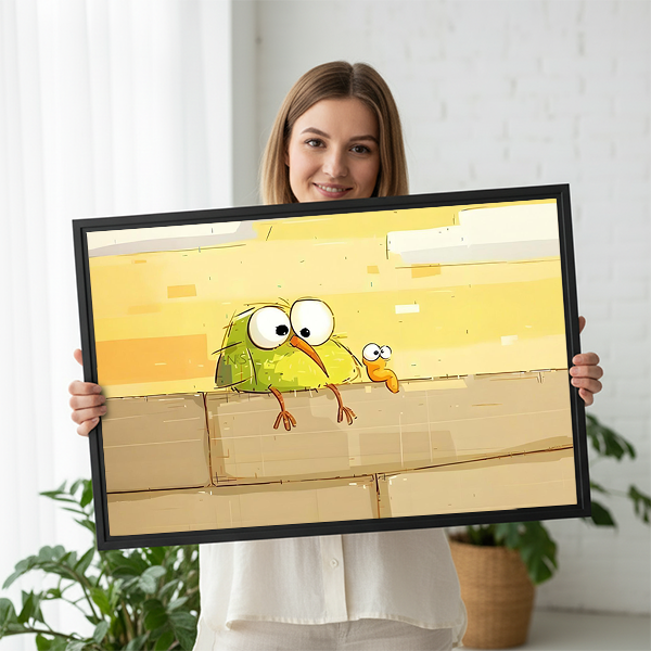 Woman holding large funny cartoon birds peeking wall framed canvas print on yellow background showing actual artwork size
