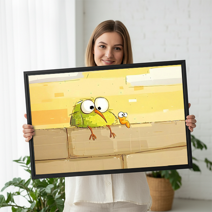Woman holding large funny cartoon birds peeking wall framed canvas print on yellow background showing actual artwork size
