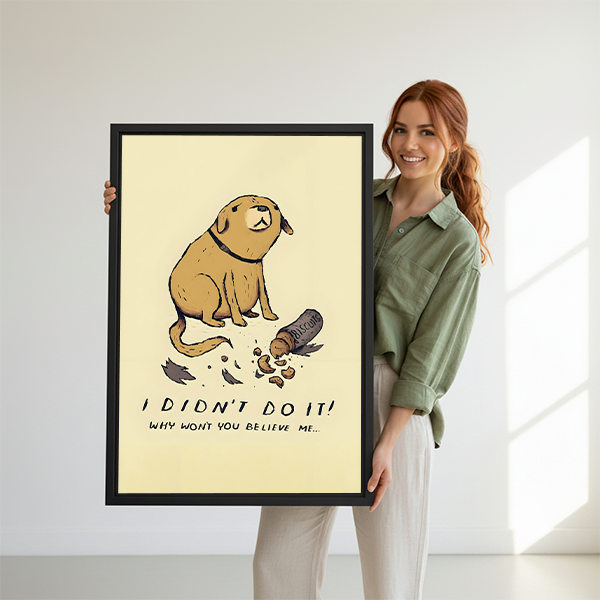 Woman holding funny cartoon dog I didn't do it framed canvas print – humorous guilty dog wall art size display