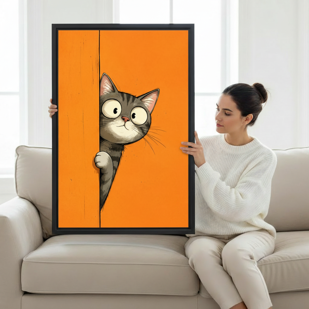 Woman holding peeking gray cat framed canvas wall art print orange background