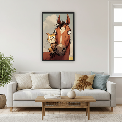 Comic style cat and horse framed art print above white sofa in bright living room