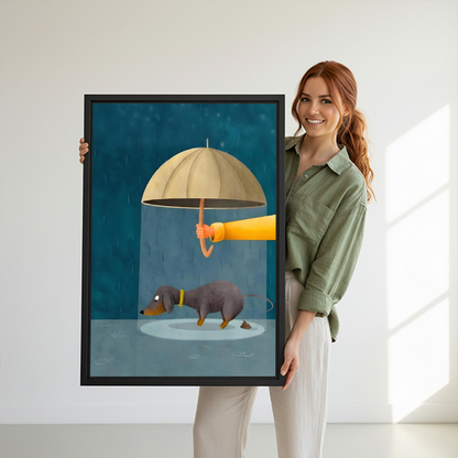 Woman holding large framed canvas print of dachshund sheltered by umbrella in rainy night funny whimsical illustration wall art