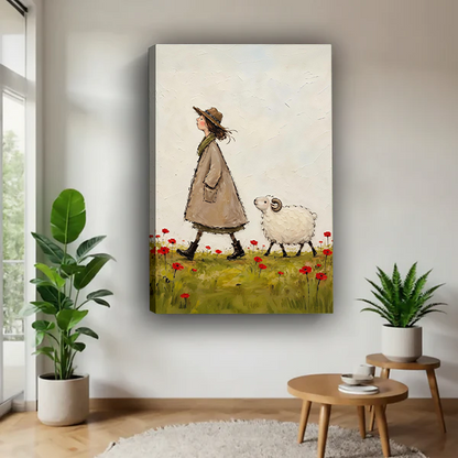 Framed woman and sheep canvas wall art with a cream sky beside a rattan bed and terracotta bedding.