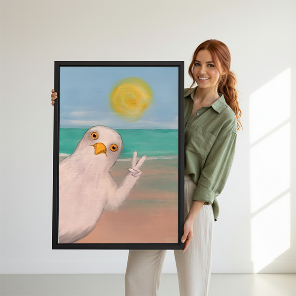 Woman holding large whimsical bird beach wall art print size reference