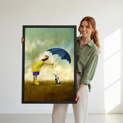 Woman holding a large framed two dogs love art print featuring a greyhound and small dog with a heart