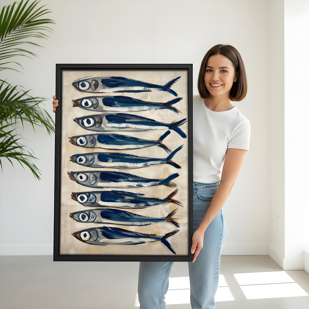 Woman holding Mediterranean sardines fish framed art print – size reference coastal wall decor