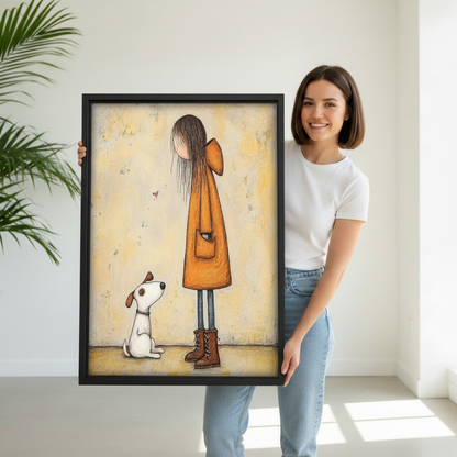 Woman holding large framed whimsical girl and dog wall art print — cozy illustrated canvas decor