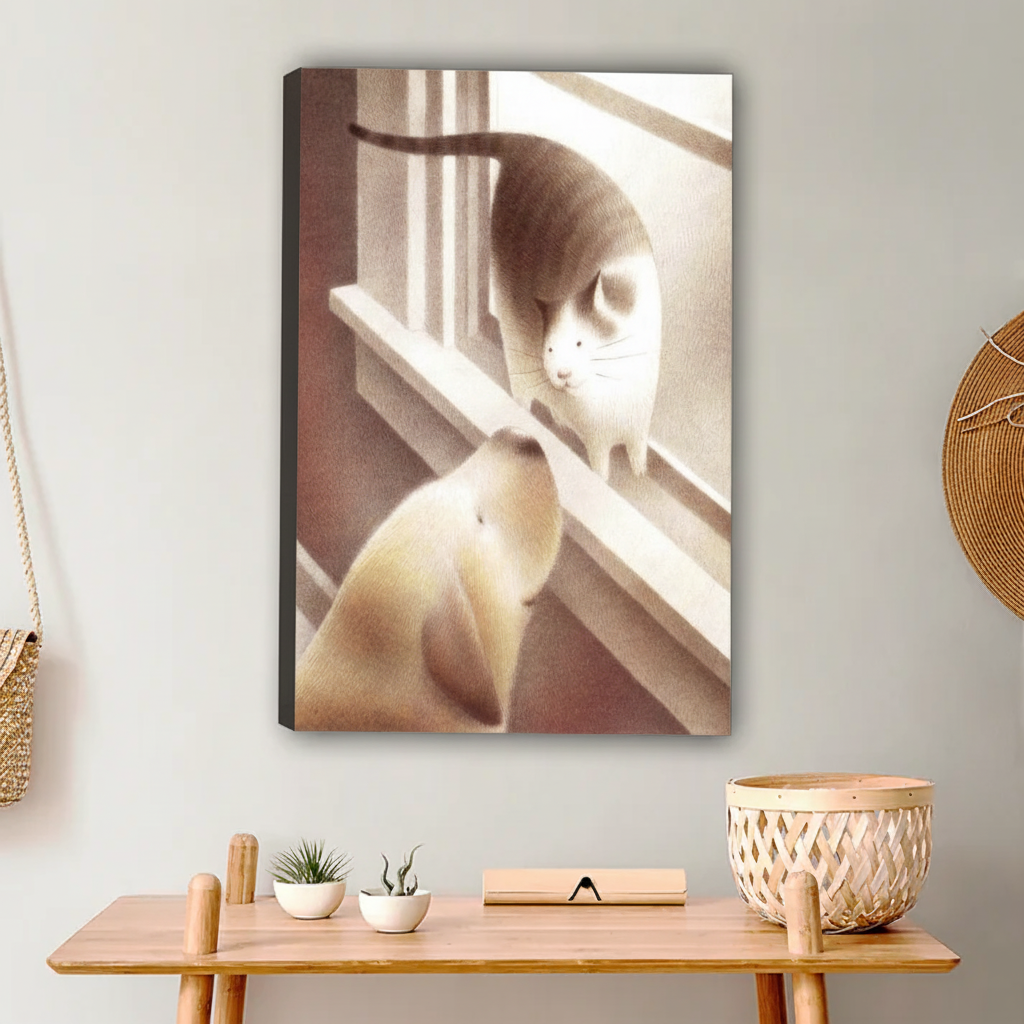 图2 猫狗楼梯对视插画无框场景