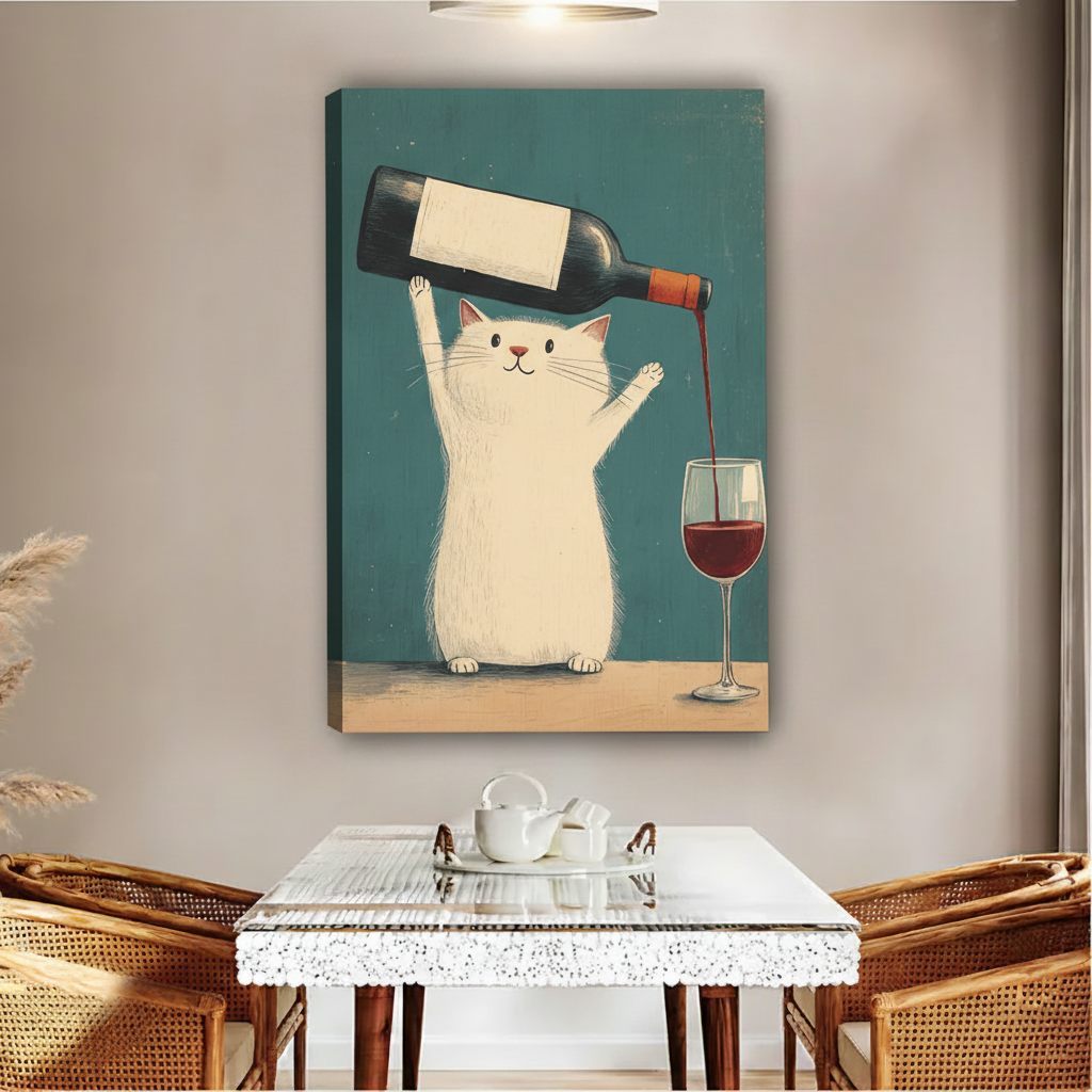 Chubby white cat holding wine bottle pouring into glass teal background float frame canvas wall art above glass dining table with rattan chairs and white tea set in contemporary dining room