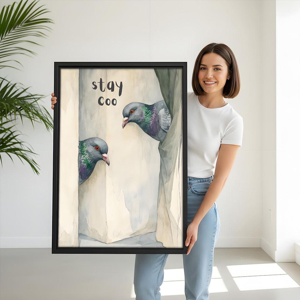 Woman holding large Stay Coo funny pigeon framed art print, size reference for quirky wall decor